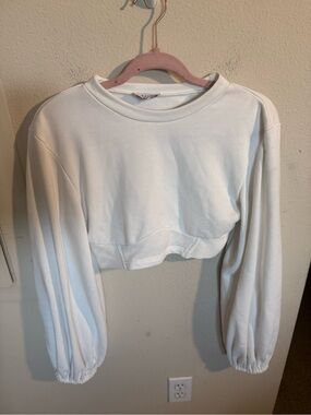 SABO White Cropped Balloon Sleeve Sweatshirt Women’s Small Minimalist Pullover